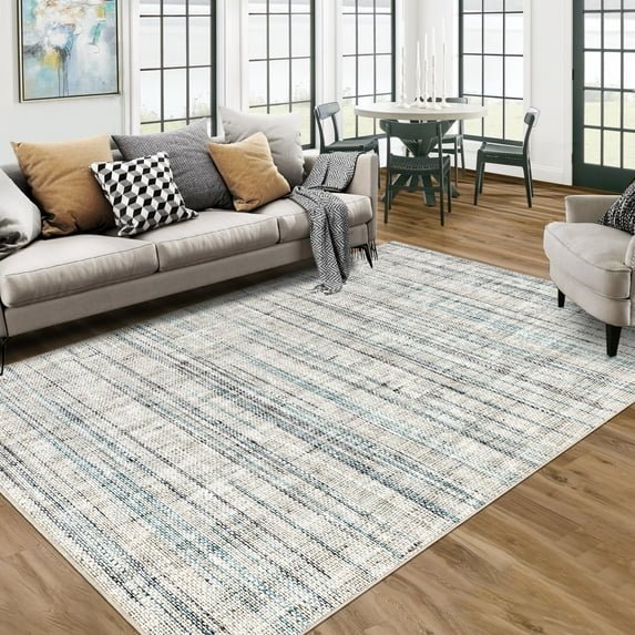 Garvee 10'x13' Modern Abstract Area Rug, Machine Washable Striped Accent Carpet Non-Slip Low Plie Soft Indoor Rug for Living Room, Bedroom, Dining Room, Blue Gray