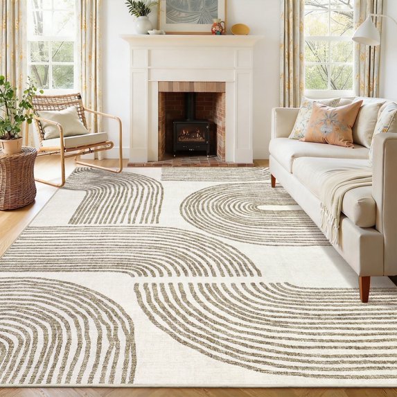Garvee 10'x13' Modern Abstract Area Rug Washable Rugs, Rainbow Stripe Carpet with Non-Slip Backing Low Pile Floor Mat for Living Room Bedroom Home Office, Brown