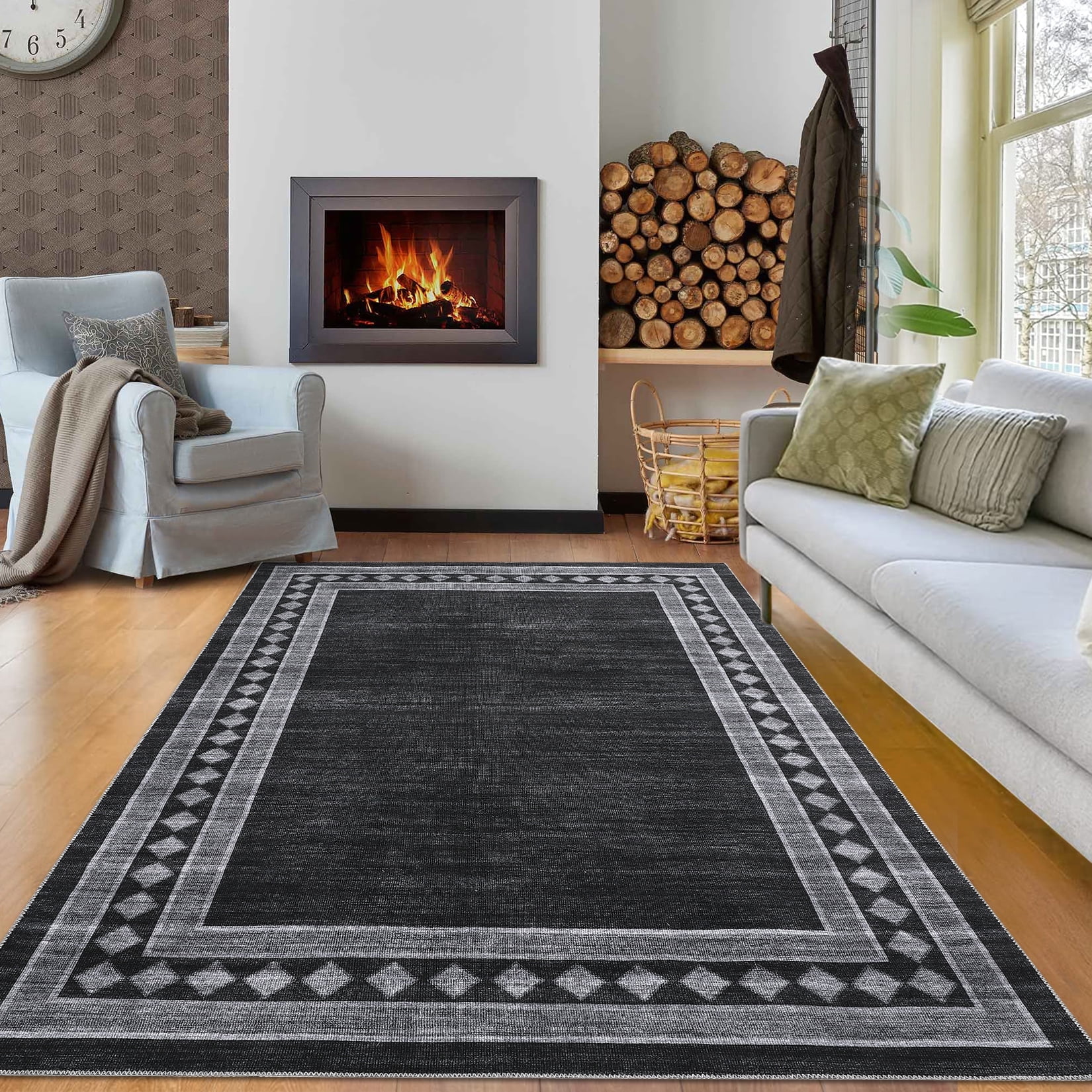 Garvee 10'x13' Modern Area Rug Solid Bordered Rugs, Washable Geometric Neutral Accent Carpet with Non-Slip Backing, Low Pile Stain-Resistant Rug for Living Room Dining Room Home Office, Black