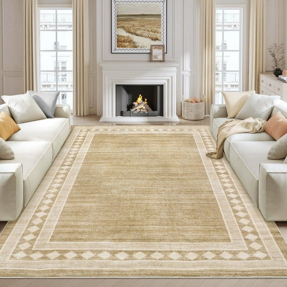 Garvee 10'x13' Modern Area Rug Solid Bordered Rugs, Washable Geometric Neutral Accent Carpet with Non-Slip Backing, Low Pile Stain-Resistant Rug for Living Room Dining Room Home Office, Jute Color