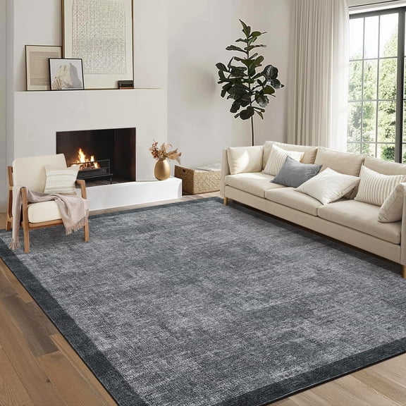 Garvee 10'x13' Modern Border Area Rug Solid Neutral Rug, Washable Non Slip Soft Accent Carpet for Living Room Bedroom Home Decor, Dark Gray