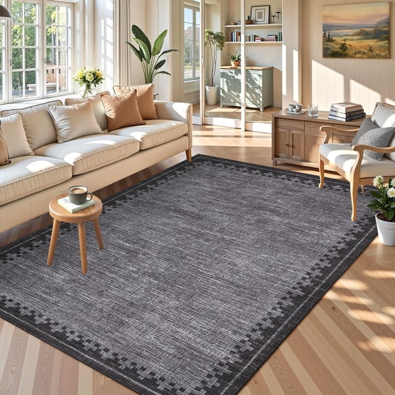 Garvee 10'x13' Modern Bordered Area Rug Farmhouse Neutral Carpet, Washable Rug Non Slip Soft Rugs for Living Room Bedroom Home Office, Black Gray