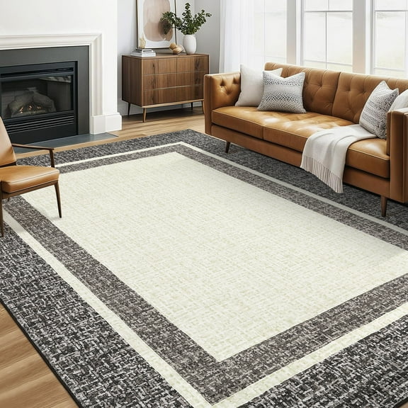Garvee 10'x13' Modern Bordered Large Area Rug Low Pile Non Slip Area Rugs for Living Room Bedroom, Brown