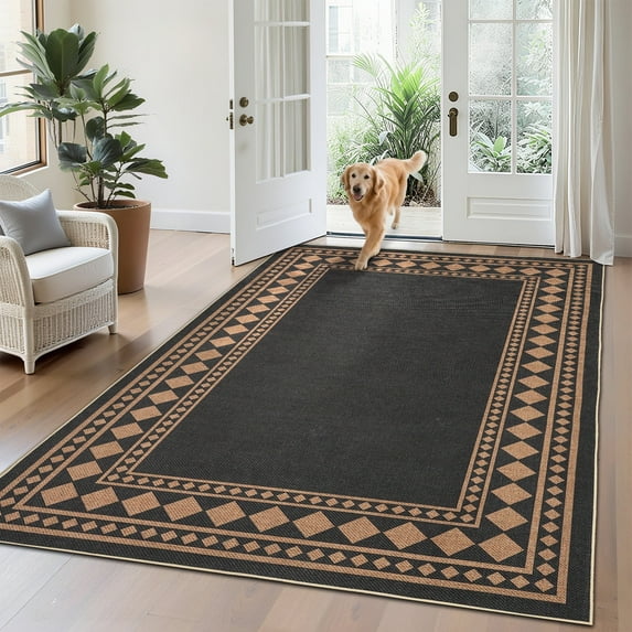 Garvee 10'x13' Modern Bordered Rug Solid Area Rug, Geometric Washable Rugs Stain Resistant Low Pile Rug Non Slip Indoor Outdoor Carpet for Living Room Bedroom Home Office, Black and Coffee