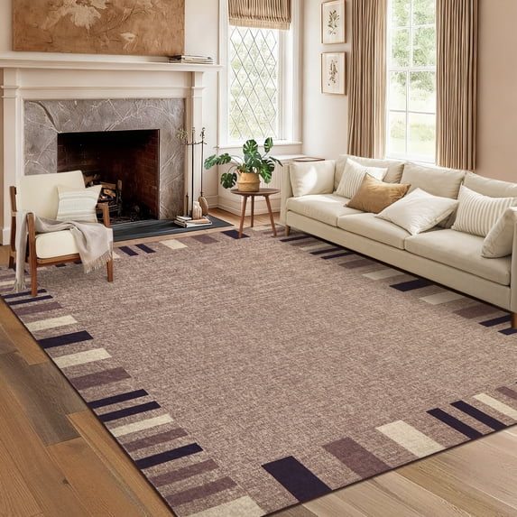 Garvee 10'x13' Modern Bordered Striped Area Rug Washable Geometric Carpet, Low Profile Non Slip Rug for Bedroom Living Room Dining Room, Brown