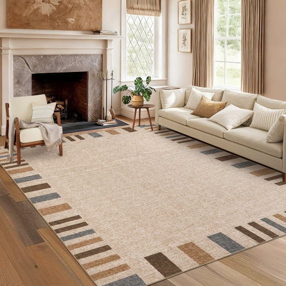 Garvee 10'x13' Modern Bordered Striped Area Rug Washable Geometric Carpet, Low Profile Non Slip Rug for Bedroom Living Room Dining Room, Linen