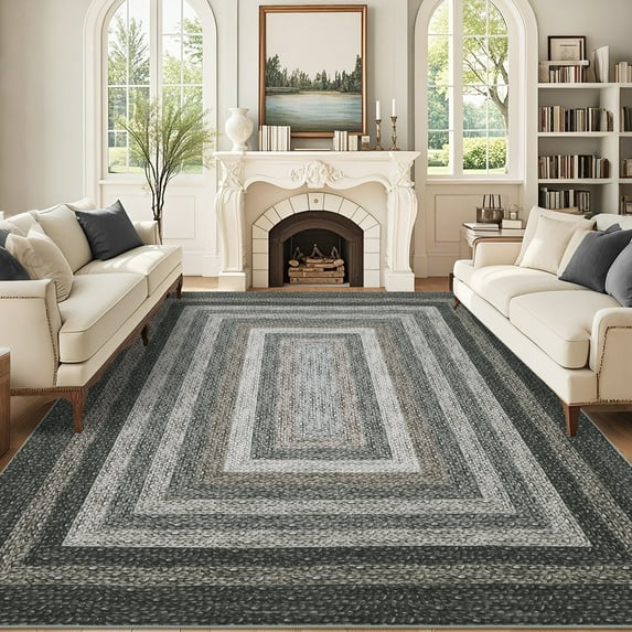 Garvee 10'x13' Modern Braided Printed Area Rug Washable Accent Carpet, Non-Slip Bordered Indoor Rugs Foldable Low Pile Floor Cover for Living Room Bedroom Home Office, Black Coffee
