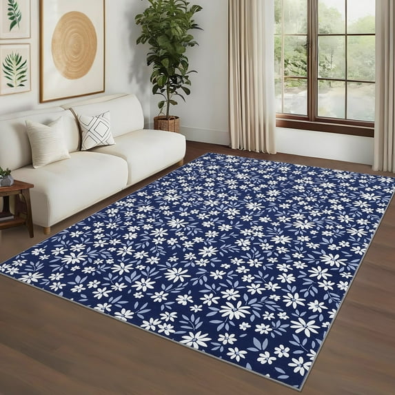 Garvee 10'x13' Modern Floral Pattern Area Rug, Machine Washble Rug Low Pile Floor Soft Carpet Non-Slip Stain Resistant Rug for Living RooM Bedroom Home Decor, Navy Blue