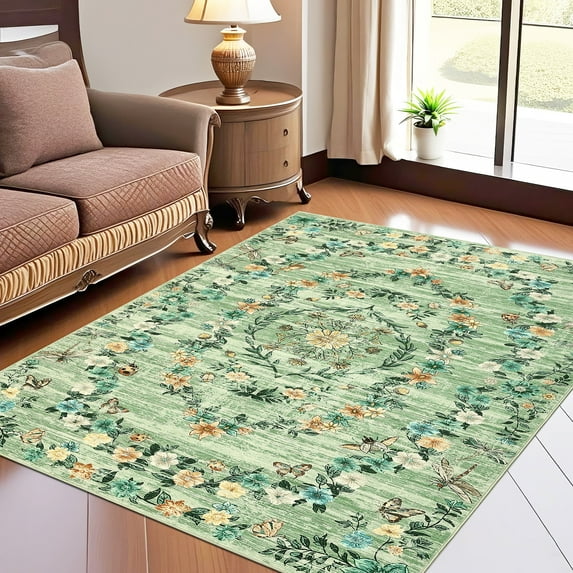 Garvee 10'x13' Modern Floral Print Area Rug Boho Rugs, Non-Slip Washable Rug Stain Resistant Low Pile Indoor Carpet for Living Room Bedroom Home Decor, Green