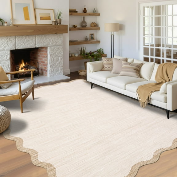 Garvee 10'x13' Modern Scalloped Rug Washable Rug with Non Slip Backing, Neutral Farmhouse Soft Low Pile Carpet for Living Room Bedroom Home Office, Beige