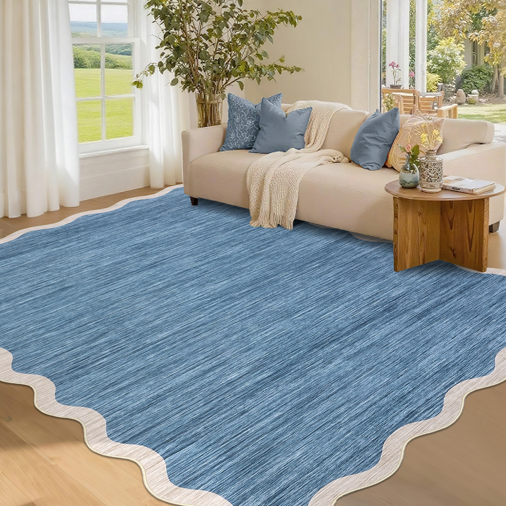 Garvee 10'x13' Modern Scalloped Rug Washable Rug with Non Slip Backing, Neutral Farmhouse Soft Low Pile Carpet for Living Room Bedroom Home Office, Blue
