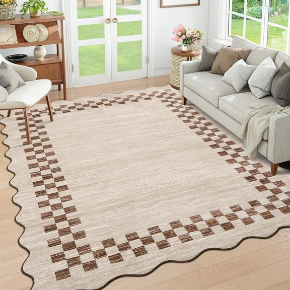 Garvee 10'x13' Scalloped Area Rug, Geometric Checkered Bordered Indoor Rugs Washable Rug Stain-Resistant Low Pile Carpet for Living Room Bedroom Home Decor, Light Camel