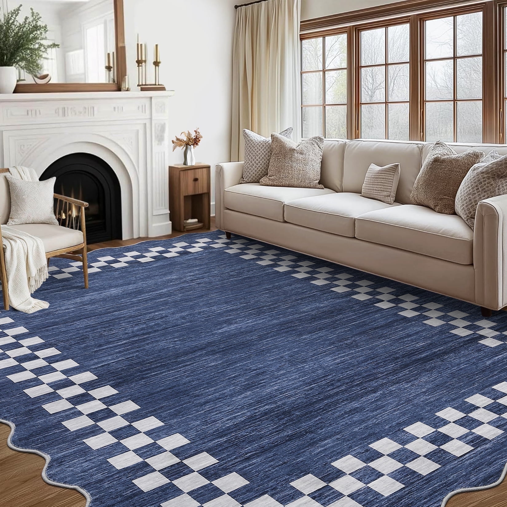 Garvee 10'x13' Scalloped Area Rug, Geometric Neutral Bordered Indoor Rugs Washable Rug Stain-Resistant Low Pile Carpet for Living Room Bedroom Home Decor, Blue