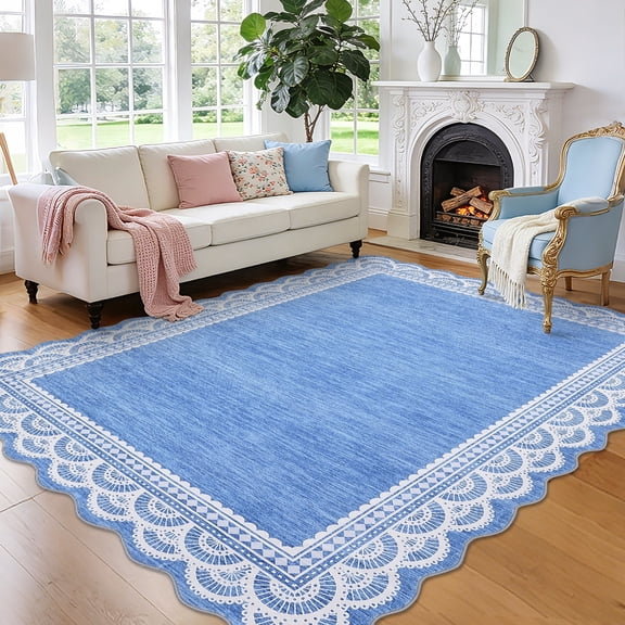 Garvee 10'x13' Scalloped Area Rug Modern Lace Edge Carpet, Washable Solid Rug Non-Slip Low Pile Indoor Mats for Living Room Bedroom Home Decor, Blue