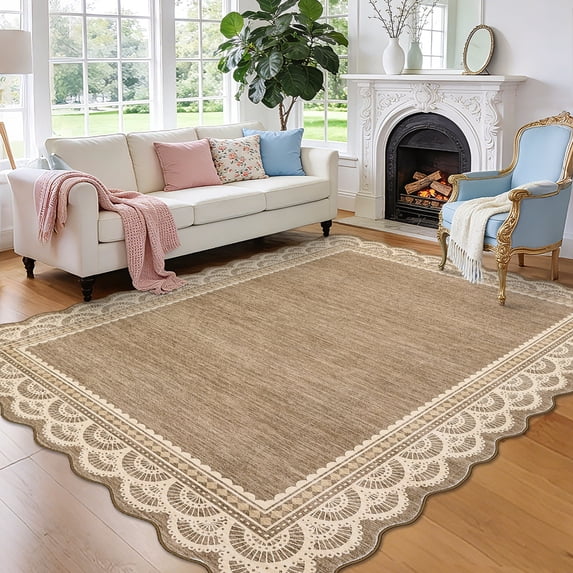 Garvee 10'x13' Scalloped Area Rug Modern Lace Edge Carpet, Washable Solid Rug Non-Slip Low Pile Indoor Mats for Living Room Bedroom Home Decor, Brown