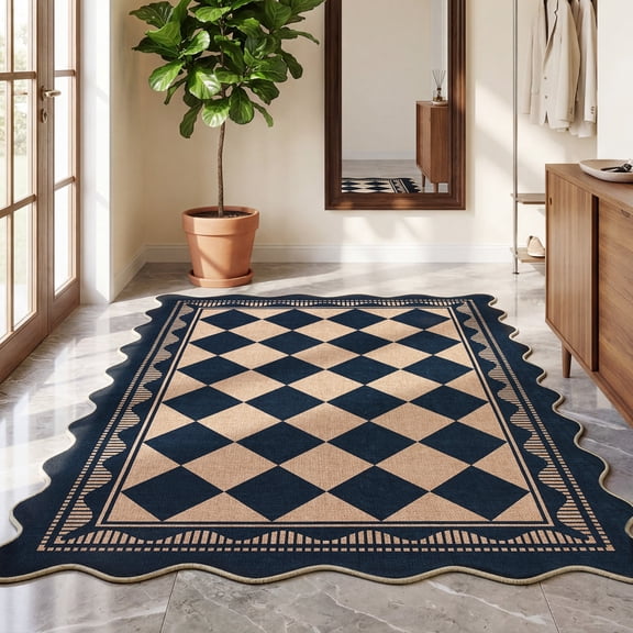 Garvee 10'x13' Scalloped Area Rug Wavy Edge Checkered Carpet, Washable Diamond Plaid Rug with Non Slip Backing for Living Room Bedroom Home Office, Black and Coffee