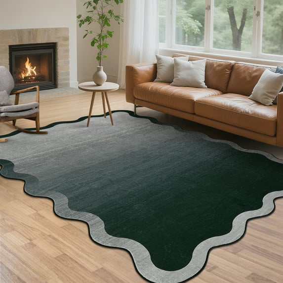 Garvee 10'x13' Scalloped Area Rugs Modern Abstract Washable Rug, Neutral Farmhouse Carpet Non-Slip Low Pile Indoor Rug for Living Room Bedroom Home Office, Black