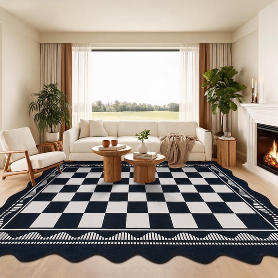Garvee 10'x13' Scalloped Area Rugs Modern Checkered Carpet, Washable Non-Slip Rug Indoor Floor Mats for Living Room Bedroom Home Decor, Black White