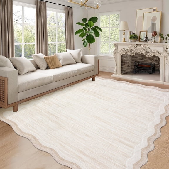 Garvee 10'x13' Scalloped Area Rugs, Washable Rugs Modern Abstract Irregular Rug Carpet, Non-Slip Low Pile Distressed Indoor Rugs for Living Room Bedroom Dining Room, Beige