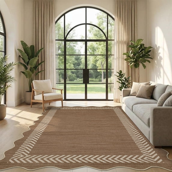 Garvee 10'x13' Scalloped Easy Jute Area Rug Geometric Washable Carpet, Non Slip Indoor Outdoor Rug for Living Room Bedroom Patio Backyard, Tan