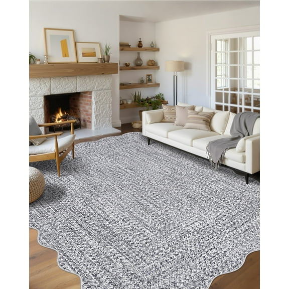 Garvee 10'x13' Scalloped Rug Farmhouse Braided Print Carpet, Washable Rug Soft Non Slip Low Pile Rug Indoor Neutral Carpet for Living Room Bedroom Dining Room, Gray