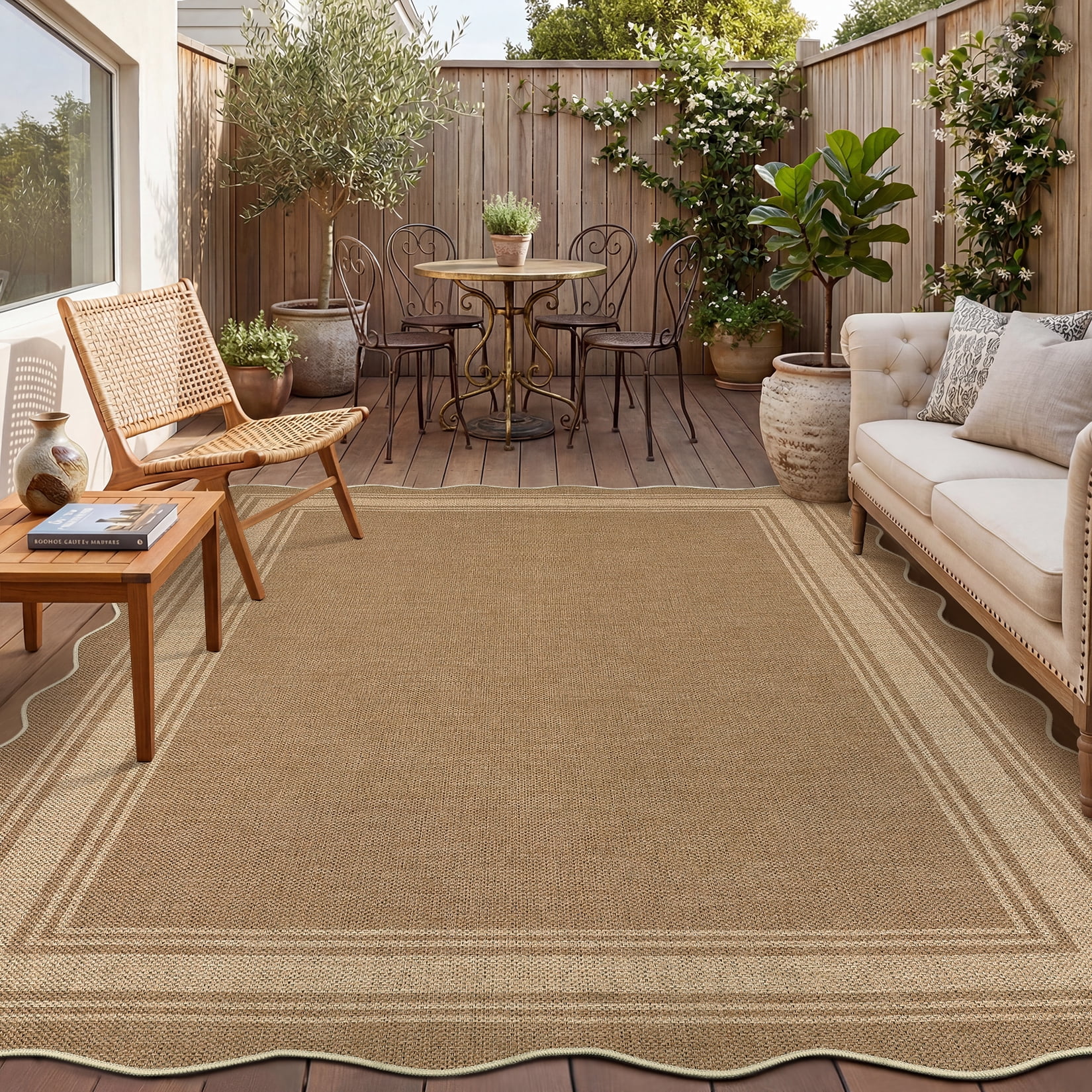 Garvee 10'x13' Scalloped Washable Indoor Outdoor Rug Natural Jute Carpet, Non Slip Low Pile Rug for Patio, Living Room, Bedroom, Home Decor, Heather