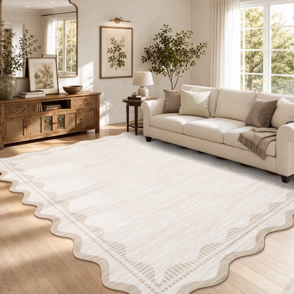Garvee 10'x13' Scalloped Wavy Border Area Rug Neutral Washable Carpet, Non Slip Minimalist Striped Floor Rug for Living Room Bedroom Home Office, Beige