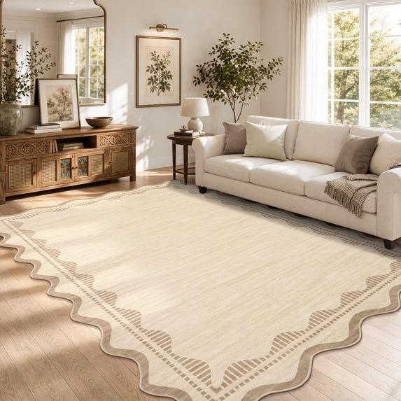 Garvee 10'x13' Scalloped Wavy Border Area Rug Neutral Washable Carpet, Non Slip Minimalist Striped Floor Rug for Living Room Bedroom Home Office, Linen