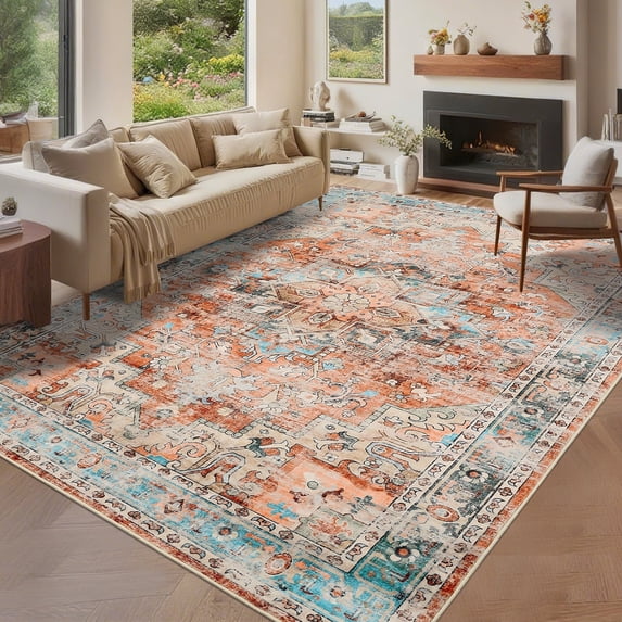 Garvee 10'x13' Vintage Area Rug Retro Oriental Indoor Carpet with Non Slip Backing, Washable Rug Distressed Foldable Floor Mats for Living Room Bedroom Dining Room, Red