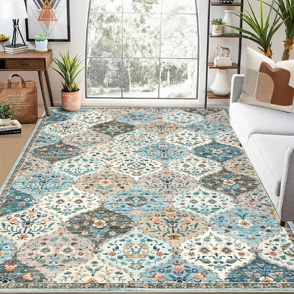 Garvee 10'x13' Vintage Distressed Area Rug Geometric Carpet with Non Slip Backing, Machine Washable Rug Stain Resistant Indoor Rug for Living Room Bedroom Home Office, Blue
