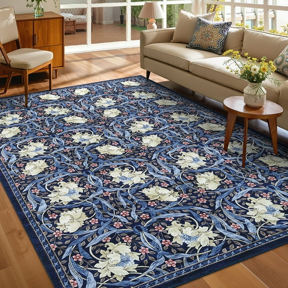 Garvee 10'x13' Vintage Floral Area Rug Washable Rug, Non Slip Traditional Accent Rug Stain Resistant Foldable Printed Carpet for Living Room Bedroom Home Office, Blue