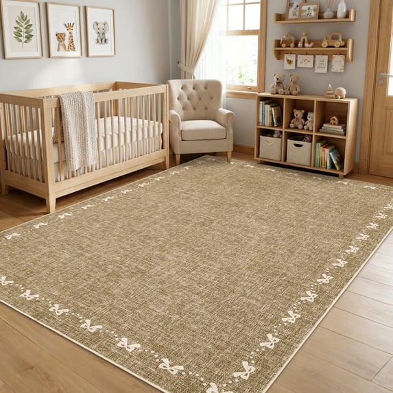 Garvee 10'x14' Modern Bordered Bow Area Rug Solid Washable Large Rug, Soft Non Slip Low Pile Indoor Mat for Living Room Bedroom Home Office, Linen