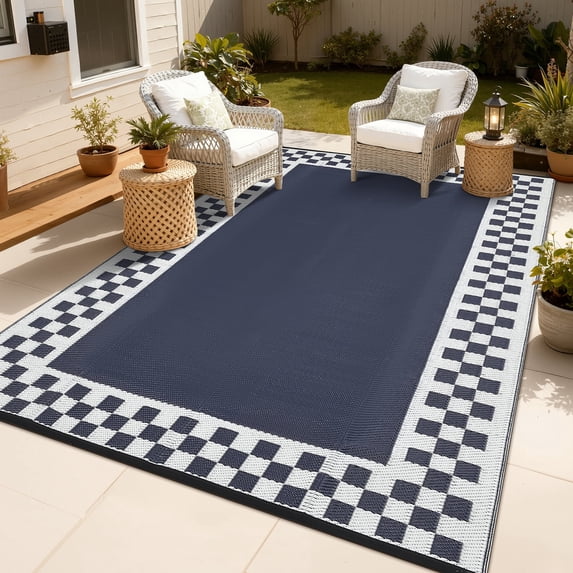 Garvee 10'x14' Outdoor Rug Waterproof Reversible Modern Geometric Neutral Outdoor Patio Rug, Plastic Straw Rugs Camping Carpet for Patio RV Balcony Deck Backyard, Dark Blue