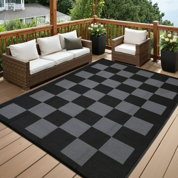 Garvee 10'x14' Plastic Outdoor Rug Checkboard Woven Outdoor Carpet, Geometric Plaid Rugs Reversible Outside Carpet for RV Camping Balcony Deck Backyard, Black & Gray
