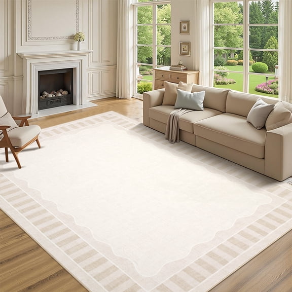 Garvee 10'x14' Scalloped Bordered Area Rug Modern Neutral Carpet, Washable Rug Non Slip Low Pile Rug for Living Room Bedroom Farmhouse Home Decor, Beige