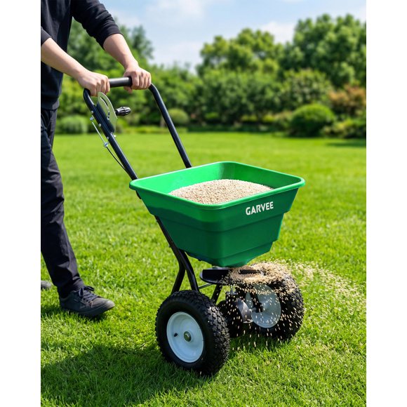 Garvee 100 lb Push Broadcast Spreader, 12 ft Wide Spread, 13 in All-Terrain Wheels, Adjustable Flow, Heavy-Duty Lawn Fertilizer/Seed/Salt, Green
