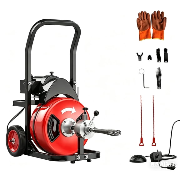 Garvee 100FT 3/4 Inch Electric Drain Cleaning Machine, 750W Sewer Snake Auto Feed Drain Auger with 6 Cutters, Portable Drain Cleaner with Air Foot Switch for 4"–8" Pipes