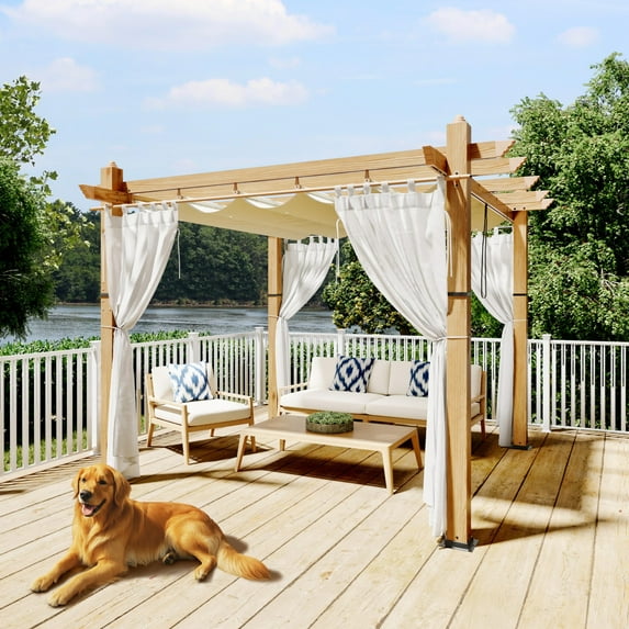Garvee 10x10 FT Outdoor Pergola with Retractable Canopy & 4 White Curtains Weatherproof Aluminum Patio Pergola