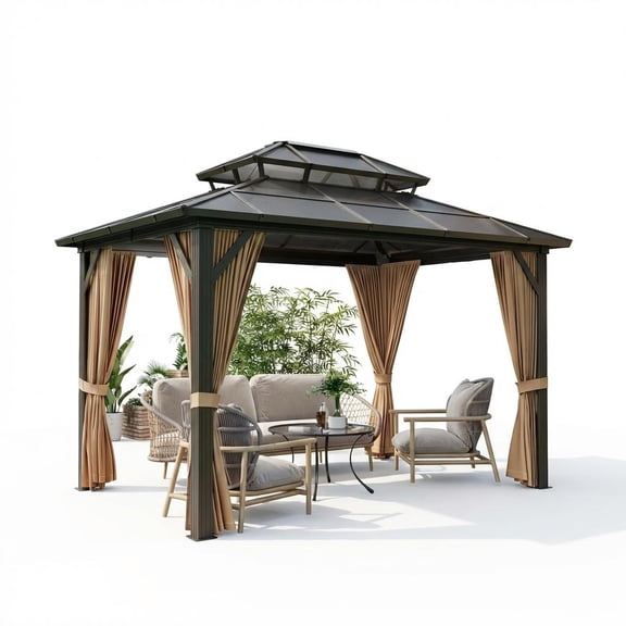 Garvee 10x12 FT Hardtop Gazebo Polycarbonate Double Roof & Aluminum Frame Pavilion with Curtains & Netting