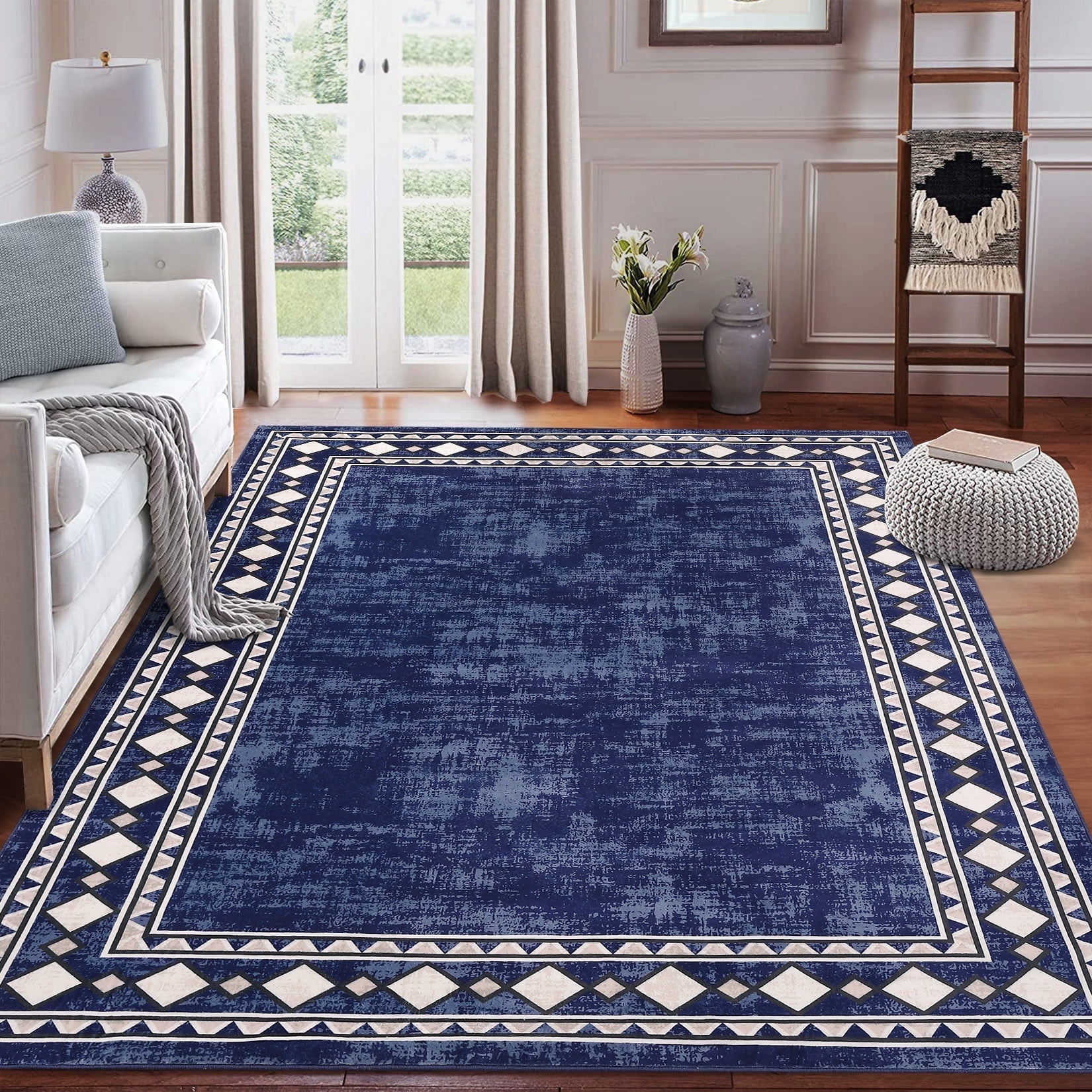 Garvee 10'x13' Geometric Bordered Area Rugs Contemporary Rugs for Living Room, Non-Slip Washable Rugs Soft Throw Rugs Low-Pile Stain Resistant Carpet for Bedroom Dining Room Farmhouse, Blue