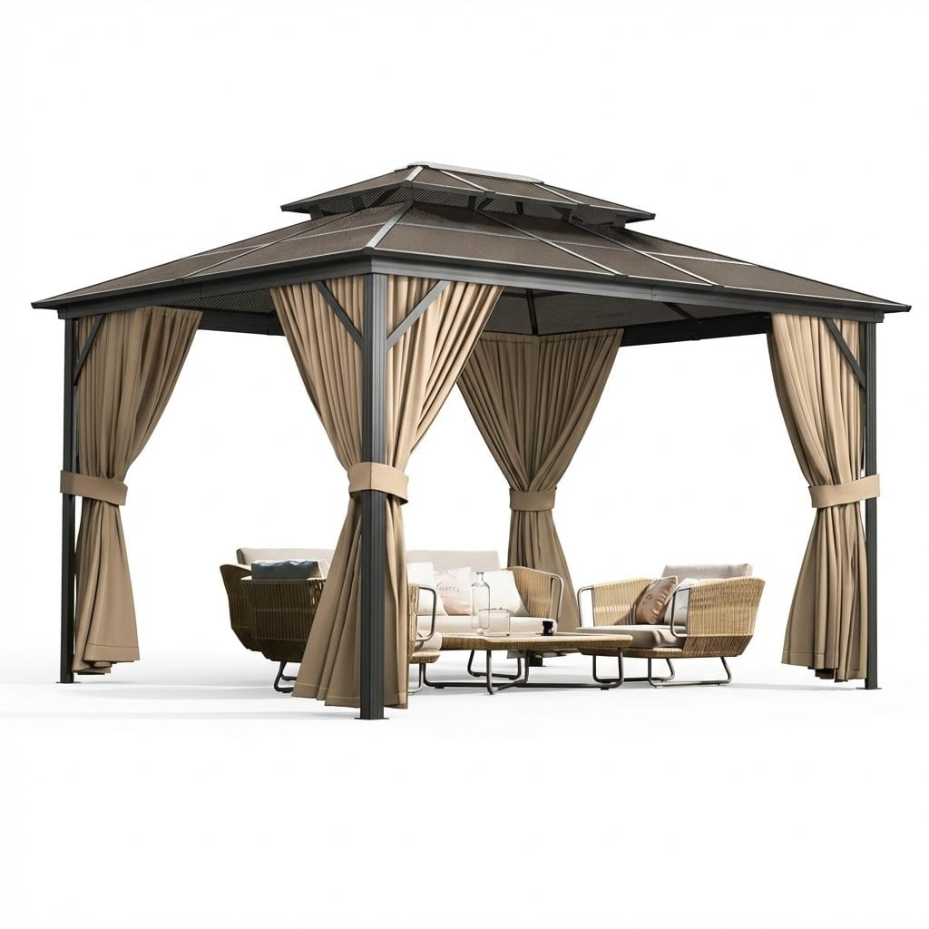 Garvee 10x13 FT Hardtop Gazebo Polycarbonate Double Roof & Aluminum Frame Pavilion with Curtains & Netting