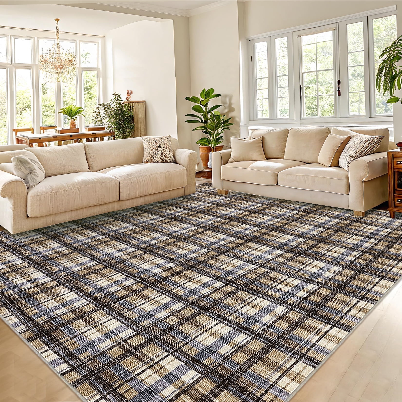 Garvee 10x13 Geometric Striped Area Rug Living Room Rug, Machine Washable Plaid Rugs With Non-Slip Backing Low Pile Stain Resistant Indoor Carpet for Bedroom Dining Room Home Office, Camel