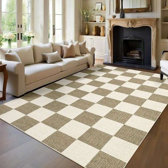 Garvee 10x13 Modern Checkered Area Rug Washable Rugs, Soft Non Slip Non Shedding Carpet Indoor Printed Accent Rug for Living Room Bedroom Home Decor,Beige and Camel