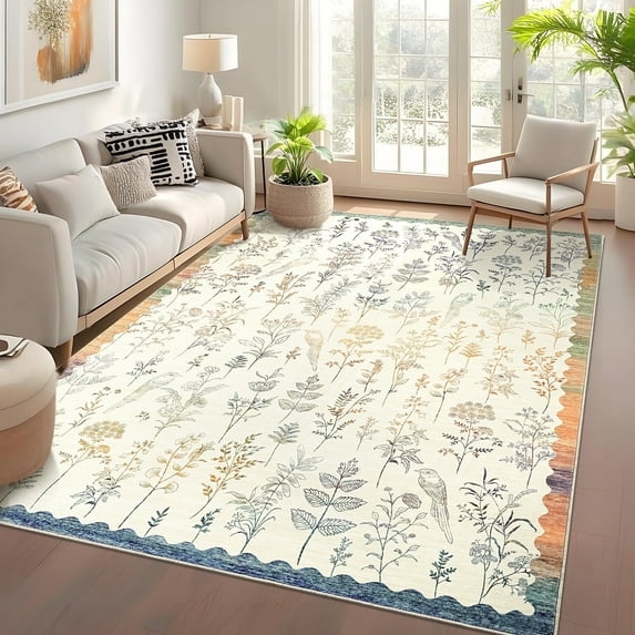 Garvee 10x13 Modern Floral Area Rugs Living Room Rug, Washable Botanical Printed Rug Low Pile Non-Slip Foldable Indoor Rug Carpet for Bedroom Farmhouse Dining Room, Colorful