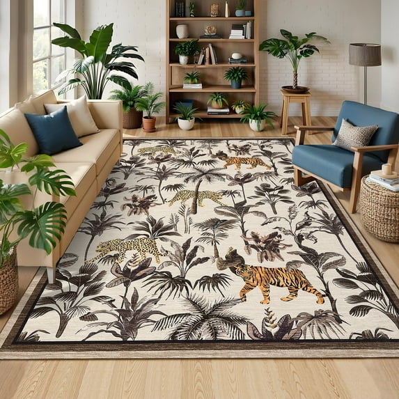 Garvee 10x13 Tiger Area Rug Washable Rug, Tropical Jungle Plant Printed Rugs Non Slip Non Shedding Indoor Rug Carpet for Bedroom Living Room Dining Room, Camel