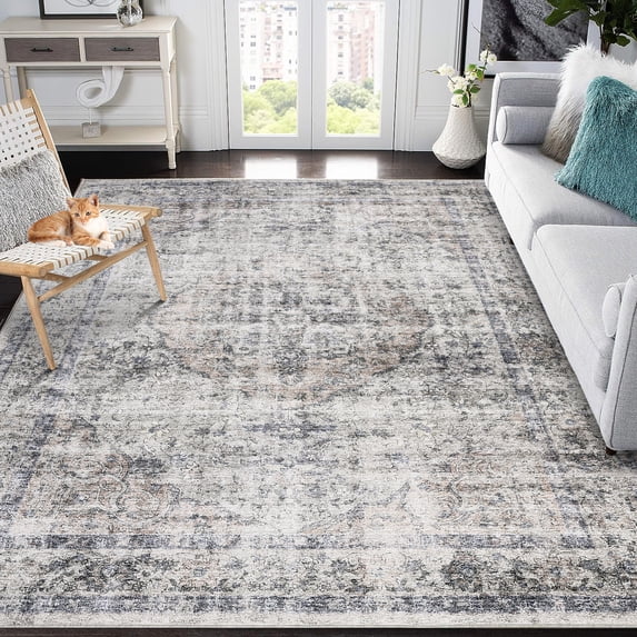 Garvee 10x13 Vintage Rug Large Washable Area Rug Medallion Distressed Rug Soft Foldable Accent Rugs for Living Room Bedroom, Beige Gray