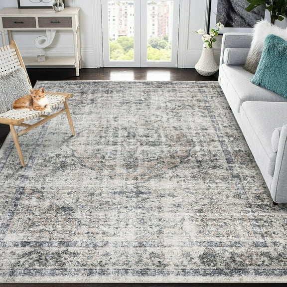Garvee 10x13 Vintage Rug Large Washable Area Rug Medallion Distressed Rug Soft Foldable Accent Rugs for Living Room Bedroom, Beige Gray
