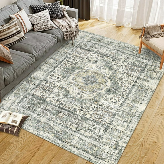 Garvee 10x13 Vintage Rug Large Washable Area Rug Medallion Rug Floral Print Floor Carpet Soft Foldable Accent Rugs for Living Room Bedroom, Green