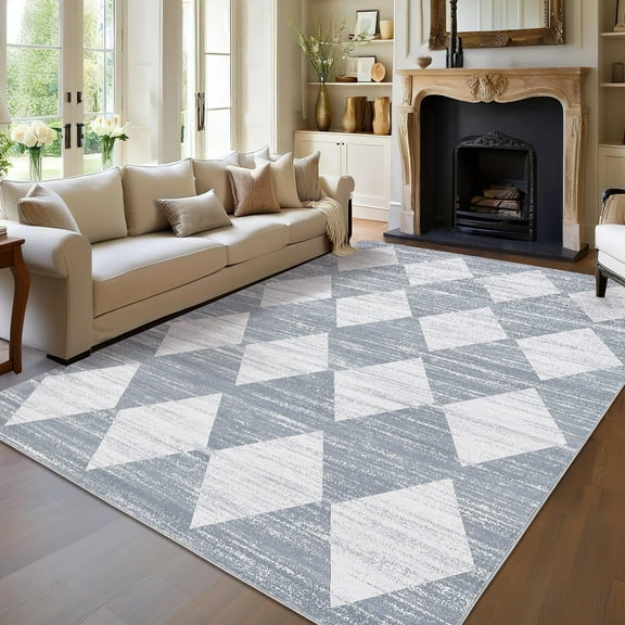 Garvee 10x13ft Geometric Diamond Area Rug, Machine Washable Rug Stain Resistant Indoor Carpet With Non-Slip Backing, Soft Low Pile Rug for Living Room Bedroom Home Office, Gray