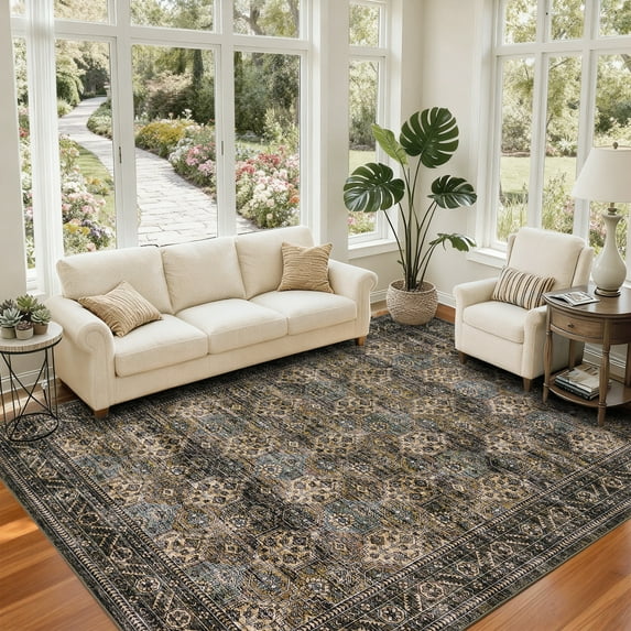 Garvee 10x13ft Vintage Floral Area Rug, Washable Rug Boho Distressed Carpet Non-Slip Throw Rug for Living Room Bedroom Home Office, Camel